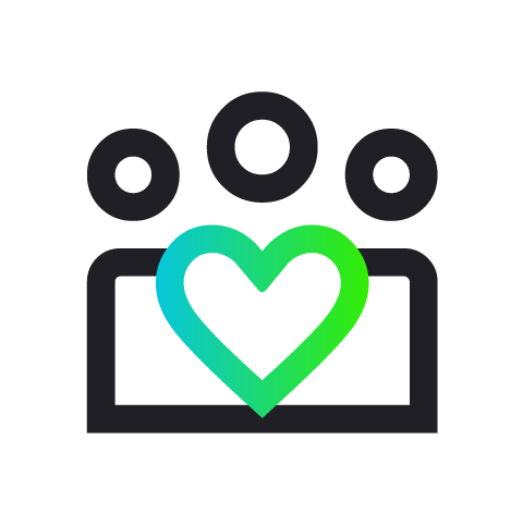 Black icon of people surrounding a heart, representing community and compassion