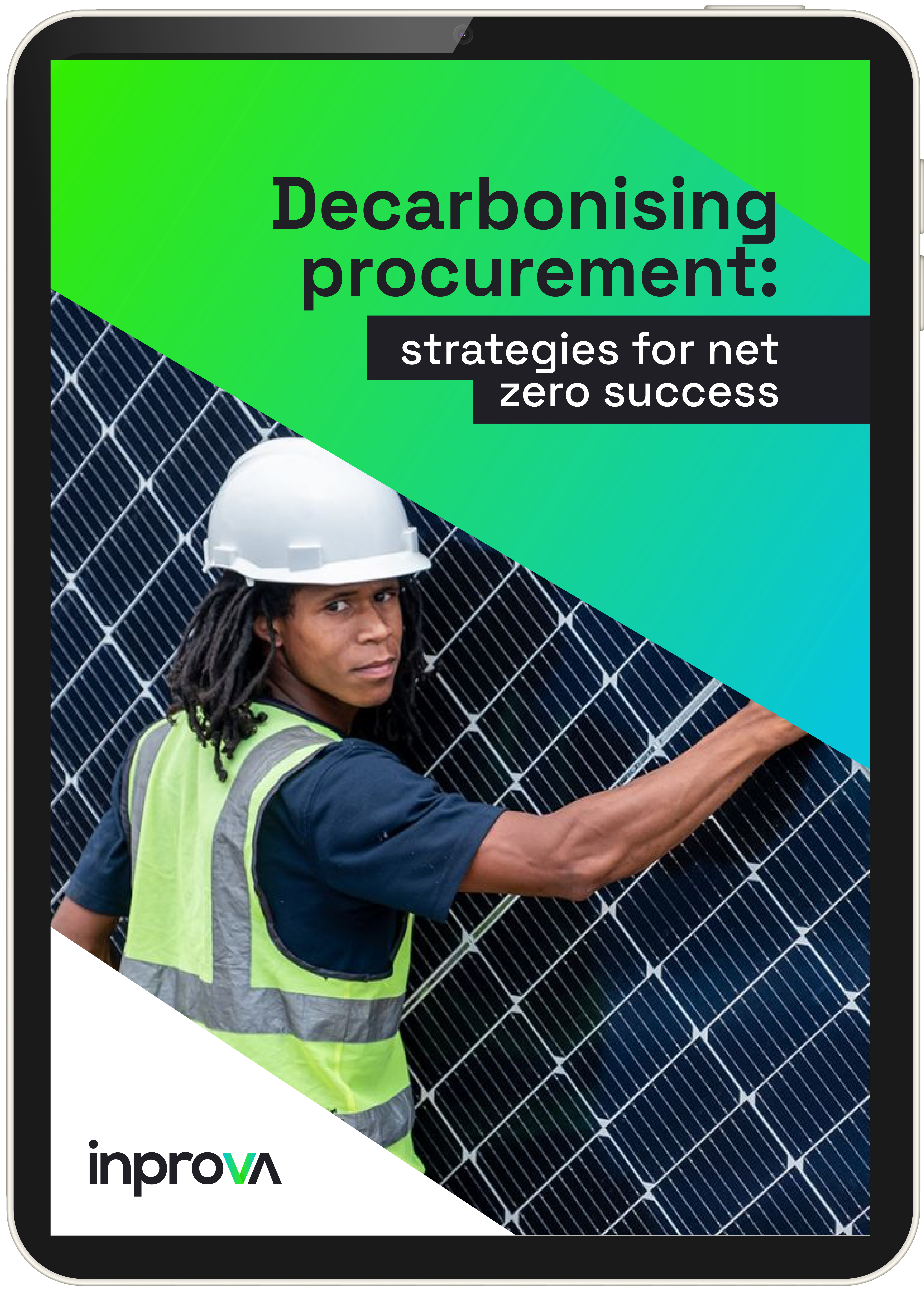 iPad displaying the cover of Inprova's decarbonization eBook.